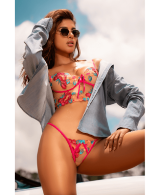 Ensemble 2 pièces brodé rose et bleu, bustier et string 